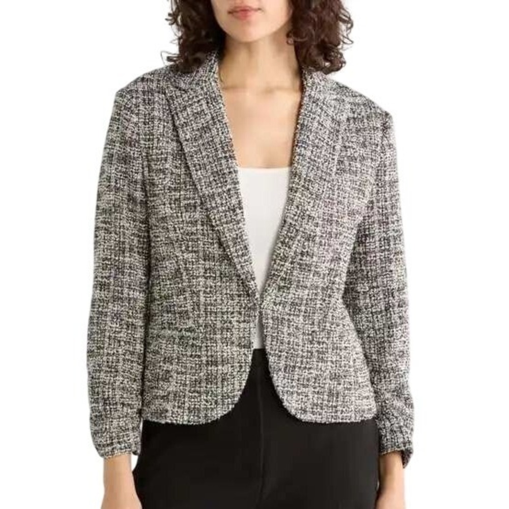 LOFT Women's 6 Black White Open Front Tweed Blazer Jacket Cotton Blend